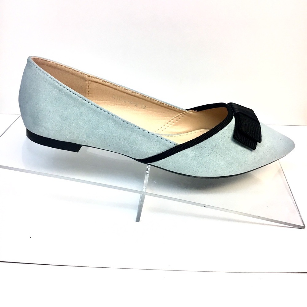 Bow Flats Classic Pointed Toe Flats in Steel Blue (mint green). A bit narrow.